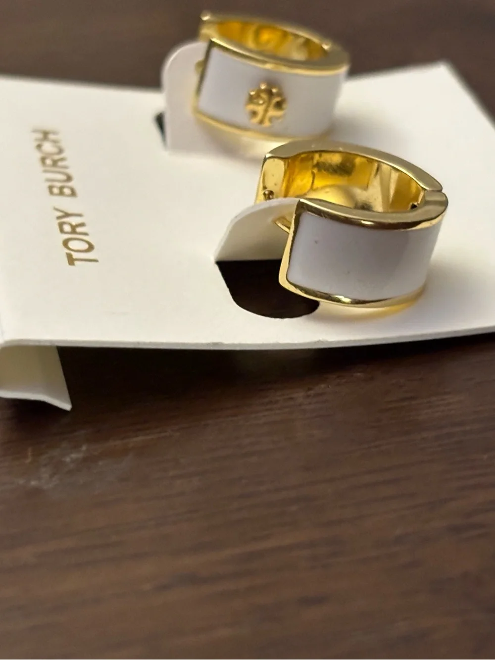 Tory Burch Shiny Gold Mini Hoop Earrings with white enamel brand new